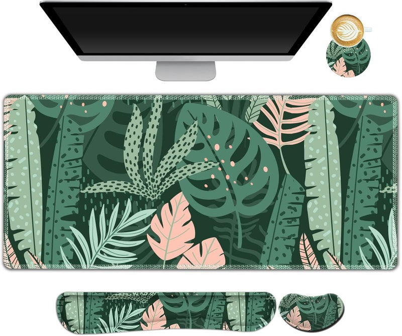 AIMSA Large Gaming Mouse Pad Set, Keyboard Wrist Rest Support Mouse Pad, Ergonomic Memory Foam Multifunctional Extended Desk Mat 35x15.7in Anti-Slip Rubber Base for Office Home, Pink Green Leaves - Image 1